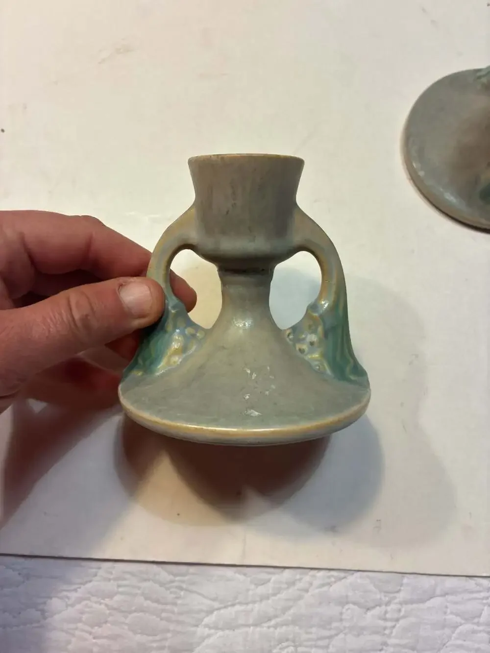 Lot of 2 VTG Roseville Pottery Tuscany Gray Candlestick Holder Shape 1066-3.5